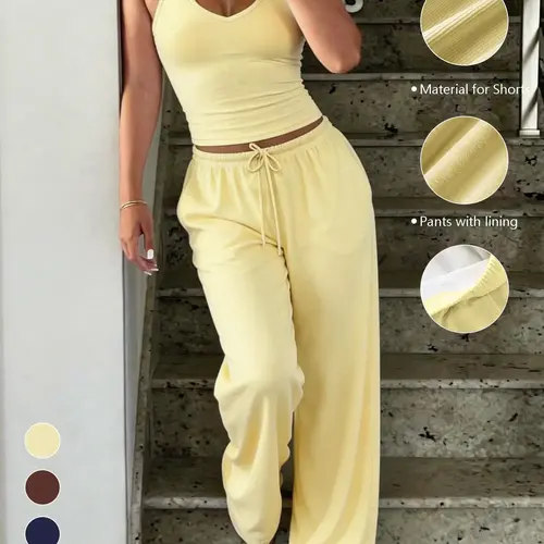 Casual Tank Top and Loose Wide-Leg Pants Set, Sport Casual Outfit, High Stretch Fitness Yoga Wear, Comfortable and Stylish Two-Piece Set for Women, Sleeveless Matching Set, Athleisure Wear Set, Athleisure Summer Clothes