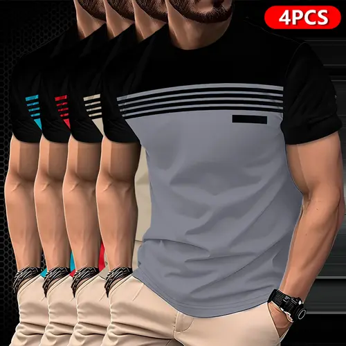 Pack of 4 Men’s Casual T-Shirts – Summer Collection featuring color-block striped prints, breathable polyester fabric, regular fit crew neck top, fashionable trend, soft texture, suitable for young people,Fathersdaygift