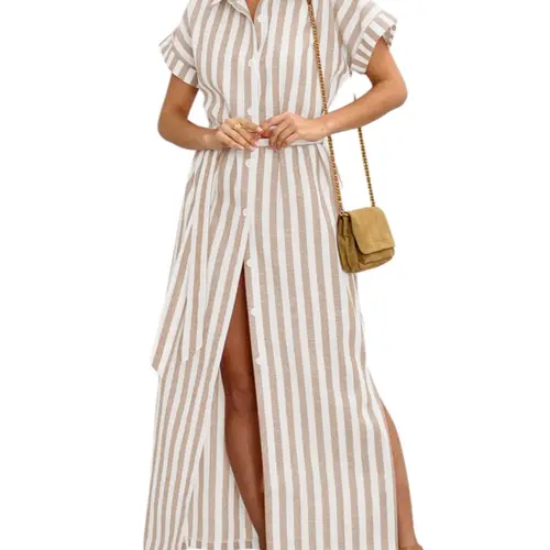 Ebossy Women's Short-Sleeve Striped Button-Up Maxi Dress with Waist Belt - Soft Cotton Block-Style Casual Shortsleeve Clothing for Going Out, Beach Wear