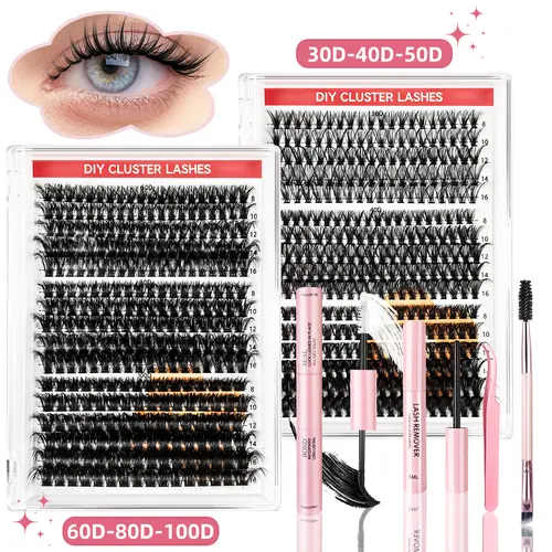 [240Pcs] Flawless Lash Cluster Kit for Adults & DIYEnthusiasts, 30D-40D Cluster Set, Waterproof Bond & Seal,Individual Lashes, Tweezers for DIY Applications, CustomizableExtensions