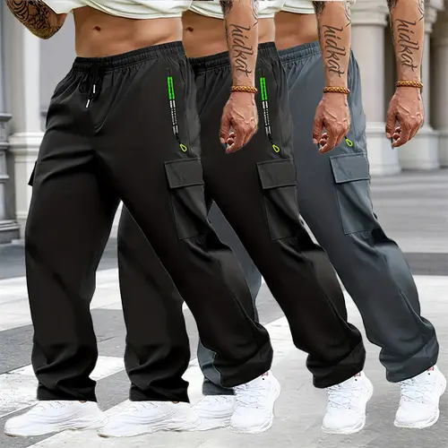 Men's Multi-Pack Cargo Work Pants - Lightweight Stretch Waist Hiking Pants with Multiple Pockets, Casual Fashionable Pocket Menswear, Plain Men's Clothing, Sportswear for Outdoor Sports, Stretch For Hiking