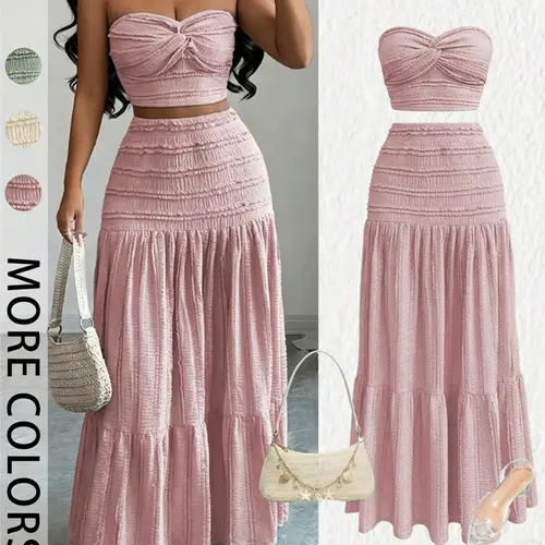 Women's Elegant Formal Wear Evening Dress Matching Set, Sweet Cute Strapless Sleeveless Crop Top and Skirt, Casual Party, Comfortable and Stylish Clothes