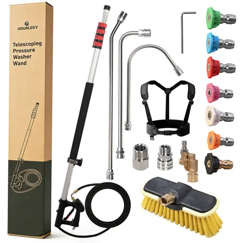 Hourleey 24 FT Aluminum Alloy Telescoping Pressure Washer Wand - Heavy Duty Cleaning Accessory with 24 ft Reach, Brush Head, Gutter Cleaner, 3 Extension Wands, Adjustable Support Belt, Pivoting Coupler, 7 Spray Nozzles, 4000 PSI for Gutters, 24 Feet Reach