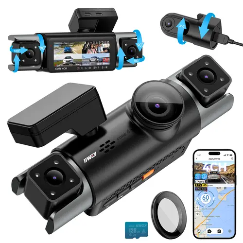 【Tool Upgrade】IIWEY C4 Pro 4-Channel 360° View Dash Cam, STARVIS 2 Front 2.7K Rear 2K Inside 1080P x2, 8IR LEDs Night Vision 3.0, PlateTag AI Plate Clarity, 5GHz Wi-Fi GPS, Voice Control, 128GB Card, Horizontal HD Driving Recorder, #toolupgrade
