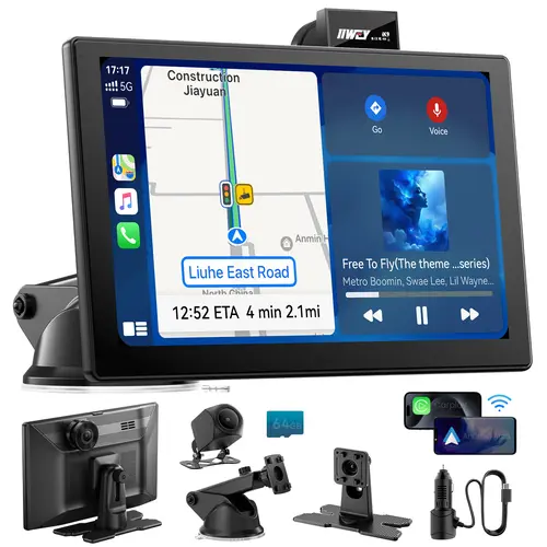 【Tool Upgrade】IIWEY iK9 9" Wireless CarPlay & Android Auto Screen, Portable Car Stereo with 4K Dash Cam & 1080p Rear Camera, CarPlay with Backup Camera, Touch Screen GPS Display, Mirror Link, Apple Car Play Screen, Free 64GB, #tool upgrade