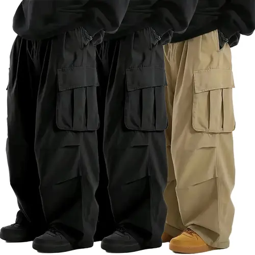 Men's Fashion Plain Baggy Cargo Pants Multi-Piece Set - Multi-Pocket Design for Carrying Keys, Phone, Wallet, Casual Street Style Loose-Fit Khakis, Menswear Trousers That Bring Utility to Basics, Carry Keys, Phone, Wallet