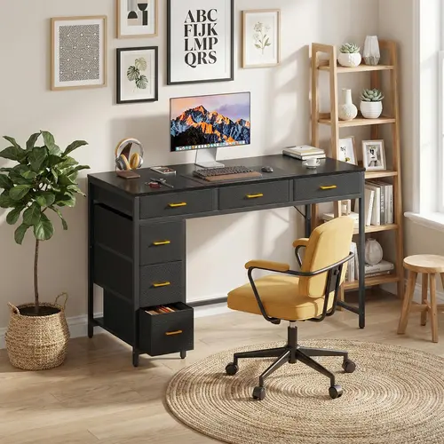 47" Bamboo Computer Table - 6-Drawer Furniture with Large Storage for Dual Monitor Gaming Desk Setup, Home Office, Bedroom Items, Office Inspo (Black)
