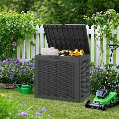 RIWENGO 31 Gal Large Resin Outdoor Storage Box - Lockable, Waterproof, UV Resistant Casual Outdoor Shelves for Gardening Tools, Patio Pillows, Home Organization