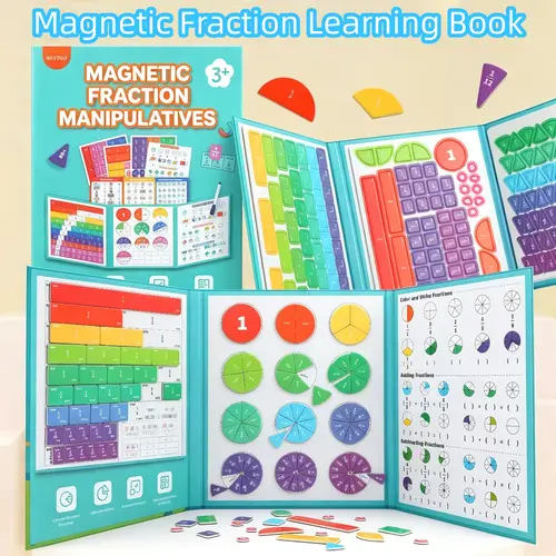 Magnetic Math Fraction Book, School Learning Tool, Block Graphs + Pie Charts + Erasable Equations, Hands-On Educational Material