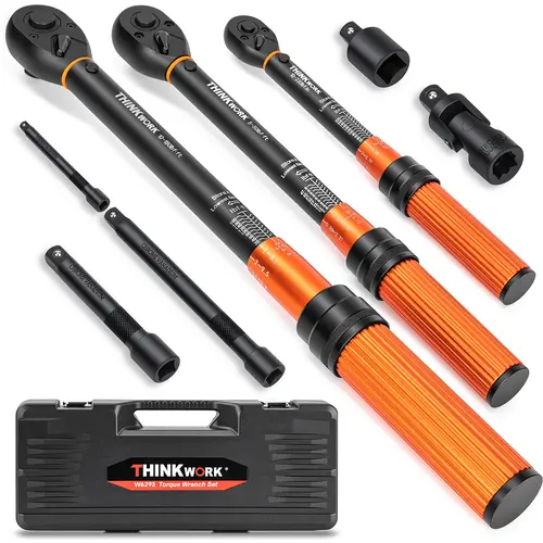 THINKWORK 8-Piece Torque Wrench Set (10–230 in-lb, 5–50 ft-lb, 10–180 ft-lb) with Adapters, 1/4“, 3/8”, and 1/2-inch Drive Click Torque Wrench, ±3% Accuracy, 72-Tooth Dual-Scale Torque Wrenches for Bicycle, Motorcycle, and Car Repair