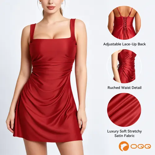 OQQ Women's Satin Sleeveless Mini Bodycon Dress - Square Neck, Adjustable Laces, Lace-up Back Fit, Ruched Formal Wear for Reunion Party & Wedding Guests, Ready-to-Wear Womenswear