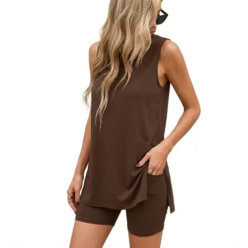 Women's 2-Piece Comfy Fits Matching Pajama Set - Sleeveless Crew Neck Tunic Top, Biker Lounge Shorts, Split Hem, Multi-Size, Machine Washable, Ideal for Travel, Mother's Day Gift, Lounge Shorts and T-Shirt Loungewear Sets, Loungewear Goals