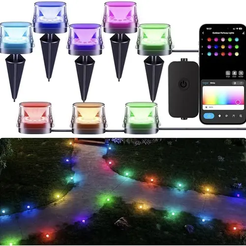 SummerVibes 15-Pack 50ft Smart RGBCW LED Pathway Lights - Alexa, Bluetooth & WiFi Enabled, App/Voice Remote Control, Dimmable, 30 DIY Scenes, Beat-Sync Light Show, Water Resistant, Yard & Patio Lighting, Outdoor Garden Decor