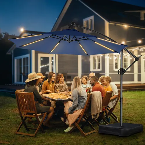 10ft Offset Outdoor Sunshade Umbrella with Base, Lights, Straps, Solar Panel & Rechargeable Battery - Easy Tilt, Crank-Operated Parasol, Adjustable Solution-Dyed Fabric for Garden, Poolside, Cantilever Umbrellas