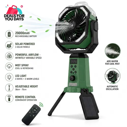 RESSONIC Solar Camping Portable Fan with Mist, 20000mAh Built-in Li-ion Battery Powered Portable Fan, LED Light, Wireless Remote, Auto Oscillation & Tripod Stand for Camping, Power Outage, Outdoor Gadgets