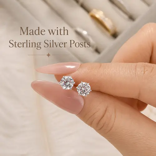 Maxine Jewelry 0.8ct 6mm Round Cut 5A Cubic Zirconia Stud Earrings For Women, Sterling Silver Stud Posts