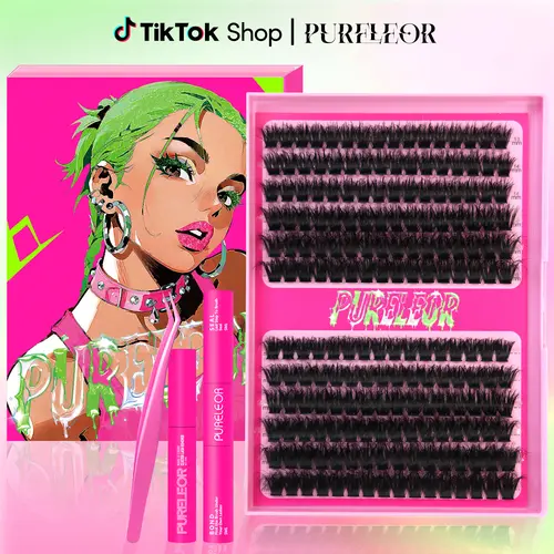 PURELEOR Wispy Volume Set Eyelash Clusters, Natural Soft Extension Cluster Lashes (13-14-16-18-20mm Fluffy DIY Set with/without Glue, Remover, Tweezers) - Pestañas Kit Completo, Natural Cluster Eyelashes