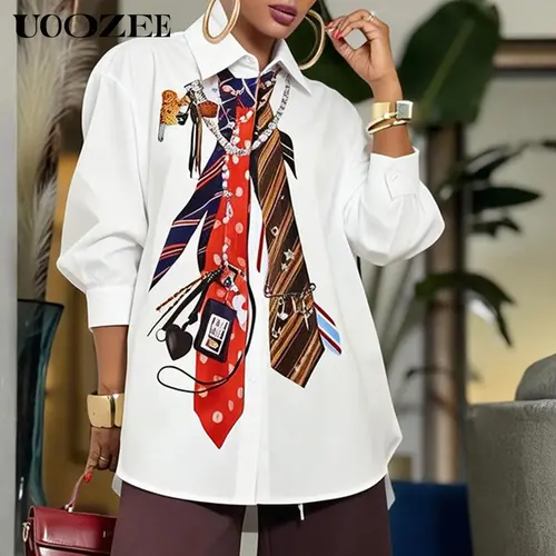 UOOZEE Women's Graphic Tie-Print Blouse, Chic Oversized Button-Down with 3/4 Puffed Sleeves, Lightweight Polyester Fabric for Work & Street Style, Fashion, Camisole, Blazer, Beach, Casual, Fashion Apparel, Plus Size Fashion, Shirt, Women's Clothes