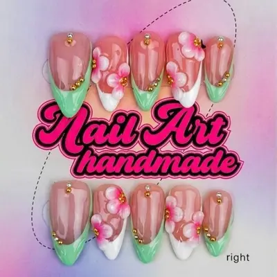 Delicatething Y2K Style Almond Nails, Handmade Wearable Nails, Beads, Tea French Design, Perfect for Parties, Includes Jelly Glue, Crystal Stick, Scrubber, Almond Shape Nails