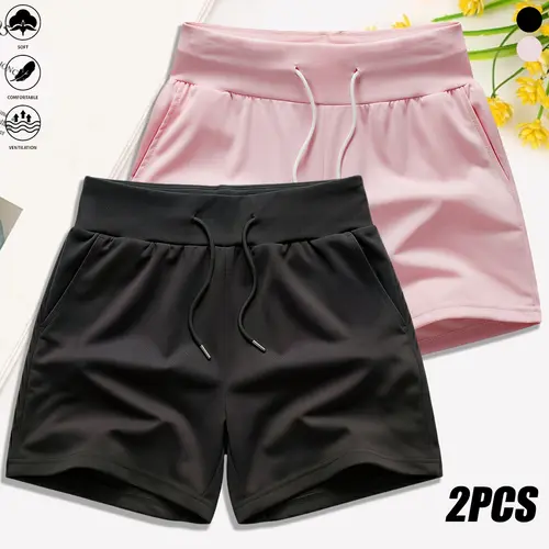 Set of 2 women’s shorts with pockets and a drawstring design—simple and stylish, suitable for workouts, gym, running, and yoga. Summer vibe,back to school shopping