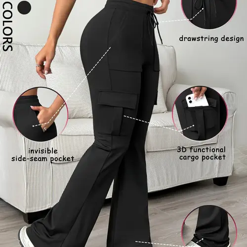Women's Casual Bell Bottom Work Pants, Long Trousers for Commuting, Adjustable Drawstring, Fitted Plain Design, Basic, All Seasons Essential, Comfortable and Stylish