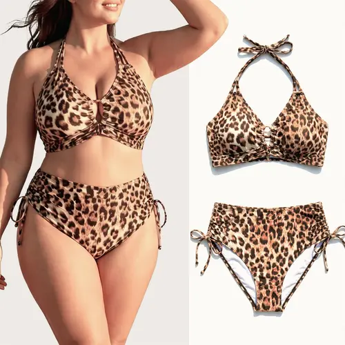 (Size Up) Women's 2 Piece Bikini Set, Leopard Print Bathing Suit with Halter Push Up Bra, Swimsuits for Women with Mid-Low Waist Triangle, Stretchy and Comfortable Fabric, Perfect for Beach Vacation Pool Party Summer plus size