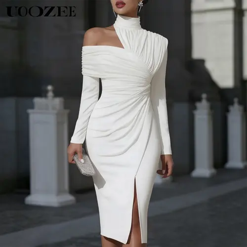 UOOZEE Women's Buttery-Soft Luxe Touch Ruched Bodycon Midi Dress - Long Sleeve Polyester-Spandex Strappy Formal Workwear with Asymmetrical Cutout, Matte Luxe Finish, Opaque Fabric Supports Confident Wear
