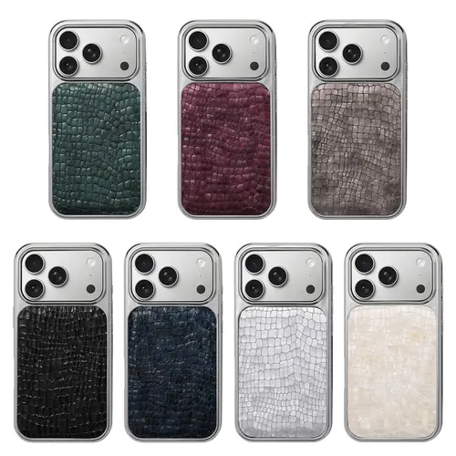 summerwins Korean Electroplated Large-Hole Crocodile Pattern Genuine Leather-Texture Smartphone Casing for iPhone 17 Pro Max - Pro Max Fit, Light Luxury, Gemstone Luster Cellphone Protector