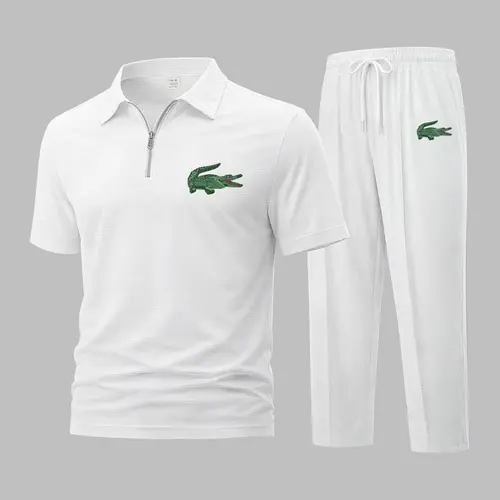 Men's Mechanical Crocodile Print Waffle-Knit Polo Shirt Set, Short-Sleeve Zip-Up Collar Top with Matching Athletic Trousers, Casual Sportswear Outfit