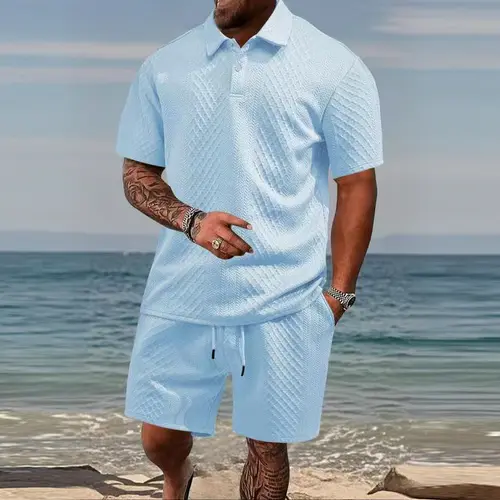 Summer bestsellers 2-piece set: men’s trendy jacquard solid-color short-sleeve outfit featuring a short-sleeve top and shorts; casual wear with comfortable fabric, minimalist design, soft texture—ideal for young people going out on dates,Fathersdaygift