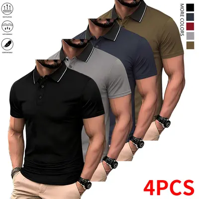 4-pack summer bestsellers men’s short-sleeve polo shirts, solid color design, weekend outing polo shirt, polo collar, knit fabric, pullover style, traditional fit, sporty casual golf shirt, Athletic Outfits Stretch Athletic Tee  polo shirt