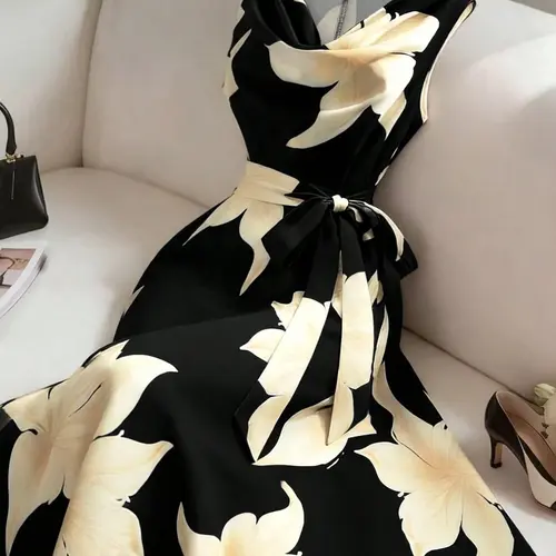 Women's Plus Size Floral Print Midi Dress, Cowl Neck Sleeveless Tie Waist A-Line, Flattering Curvy Fit, Vintage Old Money Style for Wedding Guest, Party & Formal Occasions, Calla Lily Flower Dress