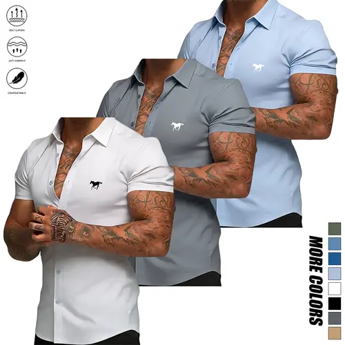 Men's slim-fit short-sleeved shirt - Lightweight summer shirt with single-button flap design, simple style, suitable for business casual and daily outings | Durable, easy to care for, classic collar, office attire, modern style, easy-care material,summerv
