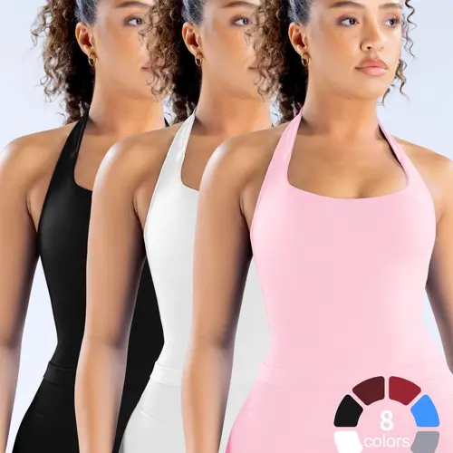 3 Pcs Women's Yoga Halter Neck Tank Top with Removable Pads, Three-Layer Seamless Backless Tank Tops Casual Comfy Sporty Active sportswear Solid Color Soft All Seasons Wear Yoga Exercise Activewear