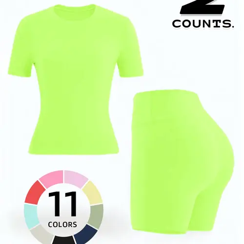 Women's Yoga Set Two-Piece, Plain Short Sleeve Round Neck Sports T-Shirt and High Waist Tight Shorts, Casual All-Seasons