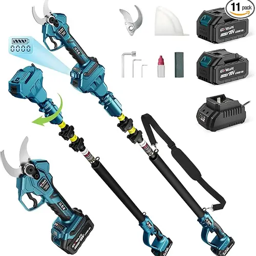 GEVEELIFE 2-in-1 Cordless Electric Pruning Shears Full Kit with 2-in-1 Mode, LCD Display, 1.6in Cutting Diameter, 12.8ft Extension Pole, 2×4.0Ah Batteries, 2.1lb Weight, 0.5s Clean Cuts, Copper Component, Garden Tool, Father's Day Gift for Dad, Fathers Da