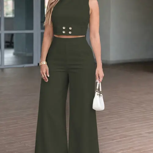 Women's Two-piece Summer Olive Green Clothes Set, Sleeveless Cropped Top & High-waisted Wide-leg Pants, Minimalist Chic Casual Outfit Suitable for Vacations, Brunches and Day-to-night Commuting