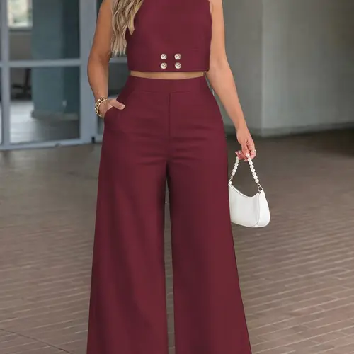 TikTok Viral Spring Summer Two Piece Set for Women, Top Trousers Set, Cropped Sleeveless Top and High Waist Wide Leg Pants with Pockets, Chic Minimal Outfit for Vacation, Brunch and Day to Night Wear, Clothes, Womenswear