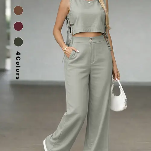 Women's Summer Set, Sleeveless Crop Top with High Waist Wide Leg Pants, Casual Two-Piece, Comfortable, Fashionable and Fabric