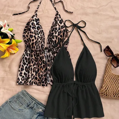 Women's Leopard Print Deep V-Neck Halter Top, Sexy Cinched Waist Ruffle Hem Sleeveless Peplum Top for Beach Vacation, Date Night & Clubbing, Crop Tank Top, Fitted Tank Top