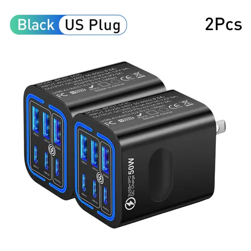 KAXOE 2pcs 50W Output Multi-Port Wall Adapter, 3 Type-C + 3 USB Ports, QC 3.0 Quick Charge, iPhone Charger for iPhone 17 Pro Max 16 15 14 13 12 Samsung, Travel Essential for Travel Users,back to school,back to school haul