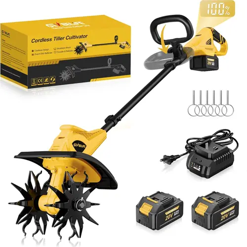 GEVEELIFE 20V Portable Cordless Tiller Cultivator, Brushless Motor, 2×4.0Ah Batteries with Fast Charger, 12" Tilling Width, 8" Depth, 360RPM, Electric Weeding Tool for Gardening, Gift Idea for Dad