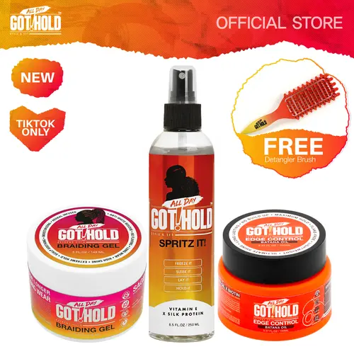 ALL DAY Got Hold Braiding Gel & Edge Control Haircare Bundle for Female & Male Textured Hair - Strong Long-Lasting Hold, Frizz-Free Smooth Edges, No-Flake Finish for Braids, Coconut-Infused, Detangling, Free Curl Defining Brush