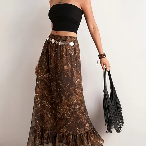 Boho High Waist Flowy Midi Maxi Skirt, Dual Layer Vintage Paisley Pattern, Elastic Waist A-Line Dress, Elegant Summer Beachwear, No Belt Included, Womenswear, Bohemian, Fit, Paisley Print Skirt, Vintage Skirts