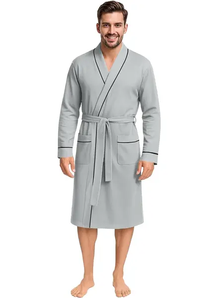 NY Threads Men's Cotton Blend Bathrobe - Heather Grey/Plain, Comfy Long-Sleeve Loungewear, Stylish Nightwear with Belt, Soft Knit Fabric, Pockets, Ideal for Father’s Day Gifting to Dads and Mens Gifts