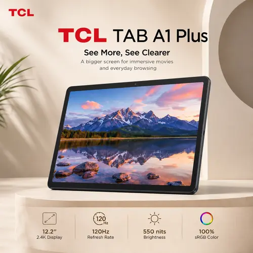 TCL TAB A1 Plus Android Tablet, 12.2” 2.4K 120Hz Display, 10GB RAM (6GB+4GB), 128GB Storage, AI Tools, 8000mAh Battery, Android 16, Quad Speakers, Tablet for Work, Study & Entertainment