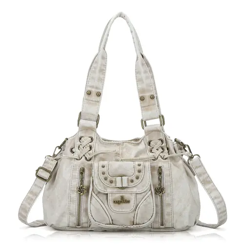 Angel Kiss Women's Small Hobo Purse (12.2" x 4.7" x 8.6") - Retro Washed PU Leather Aesthetic Elegant Casual Handbag, Magnetic Snap, Roomy Top Handles, Removable Strap, Polyester Accents, Daily Commute Everyday Bag, Bags for Women