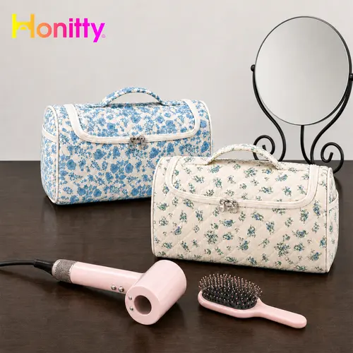 HONITTY Quilted Hair Tools Travel Organizer Bag - Lightweight, Foldable, Quilted Padding for Tool Impact Protection, Hanging Hook, Multi-Compartment, Fits Dyson Airwrap Styler & Hair Curler Accessories, Floral Toiletry Pouch, International Travel Gear, Tr