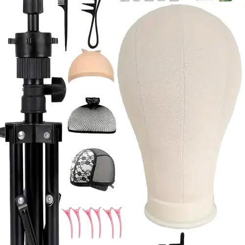 22 Inch Canvas Wig Head with Adjustable Tripod Base, Mannequin Head for Wigs, Doll Head Cover for Styling Display, Includes Hat Elastic Band Base Tools Set, Wig Installation Kit