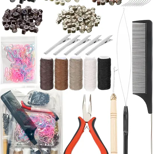 Hair Extension Kit with Silicone Nano Beads, Microlink Tool Set, Hair Clips, Sewing Thread, Hooks, Comb, Rubber Bands, Hair Styling Set, Hair Tools